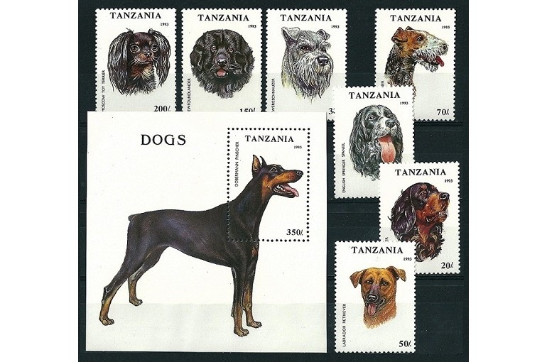 TANZANIA 1993 - CAINI - SERIE DE 7 TIMBRE+BLOC NESTAMPILAT - MNH / caini269